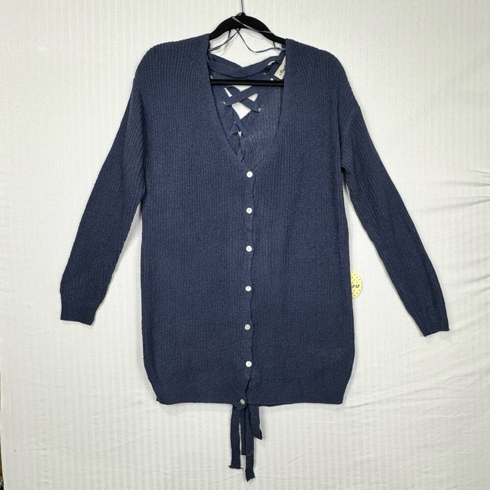 Alythea Women's Navy Blue Knit Cardigan Sweater Full Lace-Up Braid Back Size S/M